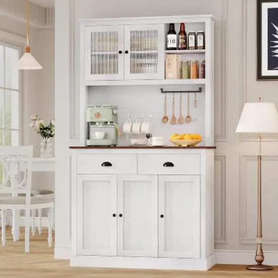 Homhougo 71" Freestanding Pantry Cabinet with Microwave Stand, Adjustable Shelves & Drawers, Farmhouse Hutch, Grey image {9}