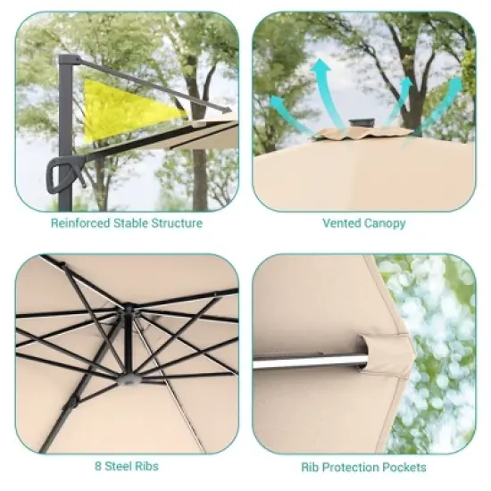 Sonkuki 10x8FT Round Offset Outdoor Patio Solar LED Cantilever Umbrella, 360&deg; Rotation and Canopy Angle Adjustment image {6}