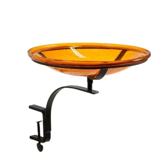 Achla Designs 13.75" Reflective Crackle Glass Birdbath Bowl with Rail Mount Bracket Mandarin Orange: Weather-Resistant, Deck-Mounted image {9}
