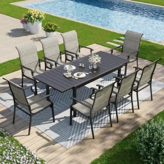 Captiva Designs 9pc Patio Spacious Black Steel Dining Table & High Back Padded Grayish Brown Sling Armrest Chairs image {1}