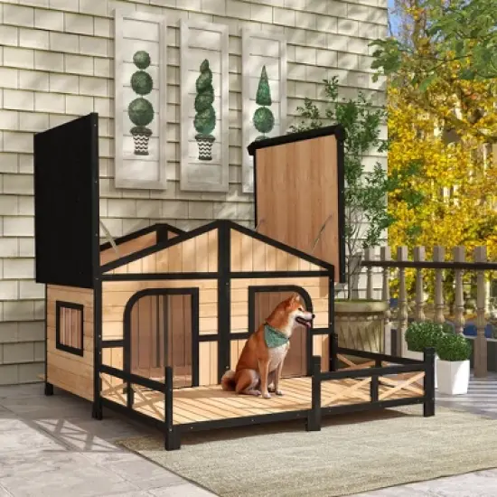 PawHut 59"x64"x39" Wood Large Dog House Cabin Style Elevated Pet Shelter w/Porch Deck image {4}