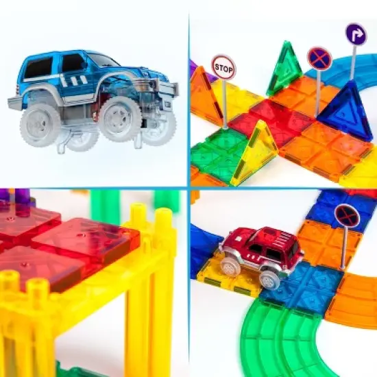 PICASSO-TILES Race Track Magnetic Tiles for Kids, 80PCS with 2 Racing Cars, Construction STEM Building Blocks Educational Toy image {3}