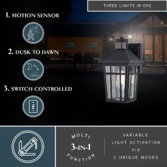 VAXCEL Garfield Park Aluminum Matte Black Motion Sensor Dusk to Dawn Outdoor Wall Light Clear Seeded Glass image {1}