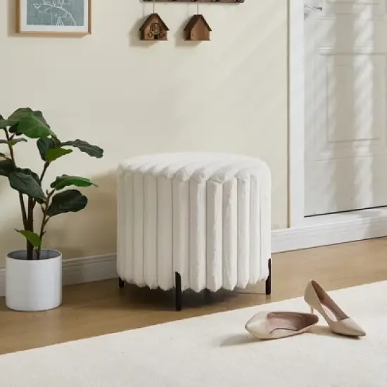 Dolonm 22 in. Round Faux Fur Pouf Ottoman with Black Metal Legs - Footstool for Living Room Bedroom Entryway image {2}