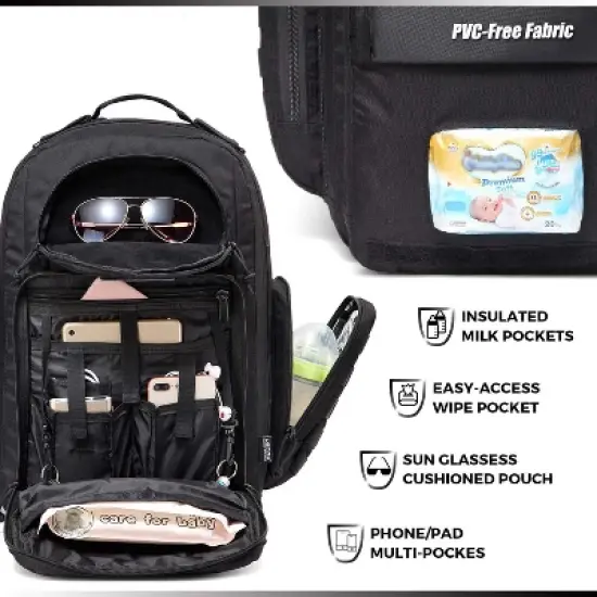 Itopfox Large Diaper Backpack for Men with Changing Mat, Insulated Pockets, Wipe Pocket, Stroller Straps, Black image {3}
