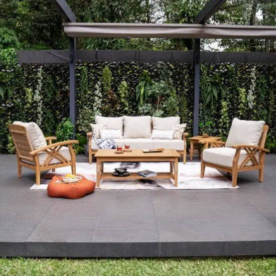 Cambridge Casual 5pc Carmel Teak Wood Outdoor Patio Conversation Set with Tan Cushions image {2}