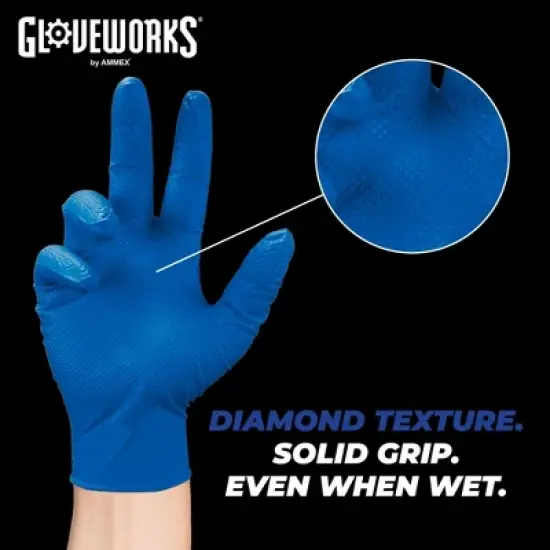 GLOVEWORKS Blue Nitrile Gloves with Raised Diamond Texture- Medium Duty, Industrial Grade - Great for Auto Detailing, Food Service, and Cleaning image {3}