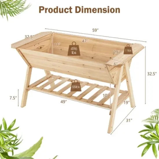 Costway 59'' x 31'' x 32.5'' Raised Garden Bed w/ Shelf Wood Elevated Planter Box w/ Liner image {1}