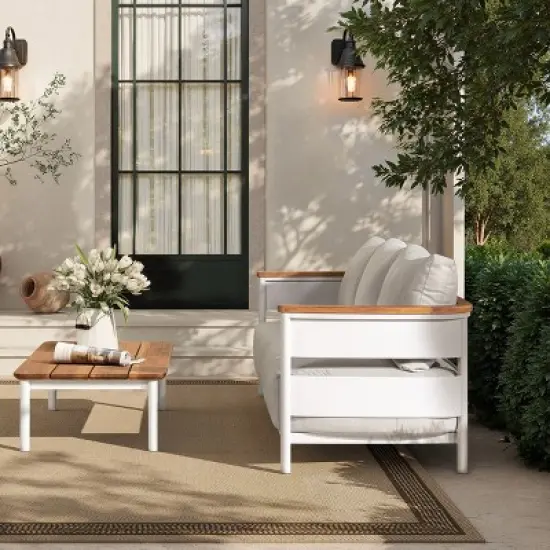 FIONECA 2-Piece Teak & Aluminum Outdoor Sofa with Coffee Table, Modern Patio Conversation Set with Cushions for Garden & Backyard image {2}