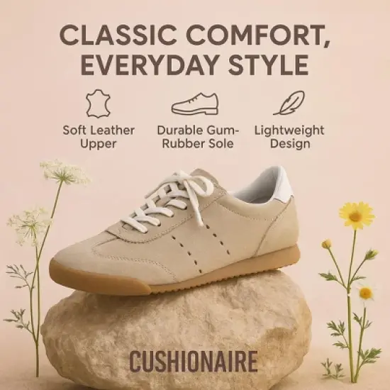 CUSHIONAIRE Tick Tock Women's Genuine Leather Lace-Up Casual Sneaker &ndash; Retro-Inspired Walking Shoe with Gum Rubber Outsole, Cushioned Arch Support image {3}