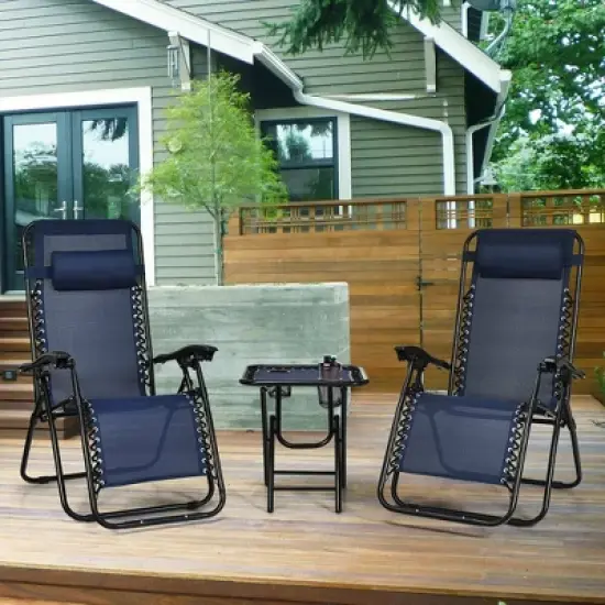 Costway 3PCS Zero Gravity Recliner Lounge Chairs Pillows Table Portable Folding Navy image {10}
