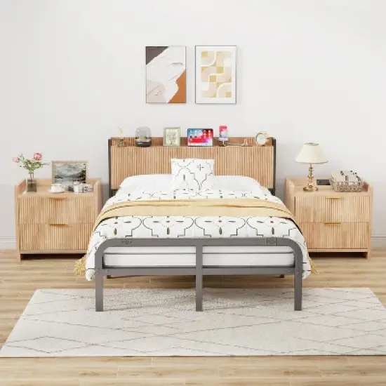 MaseiKar Fluted Headboard with Outlets, Wall Mount Wood Headboard with Storage, Height Adjustable, Storage Rack, Sturdy and Stable image {6}