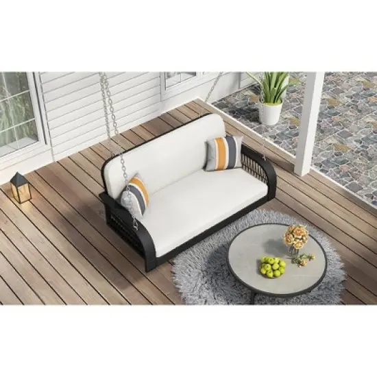 MAYEERTY Wicker Hanging Sofa Swing - White Cushion, Rattan Patio Seat for Garden Entertaining image {1}