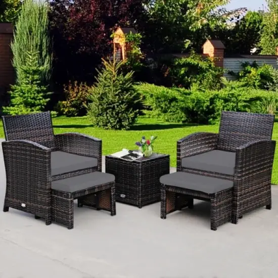 Costway 5PCS Patio Rattan Wicker Furniture Set Sofa Ottoman W/ Cushions image {9}