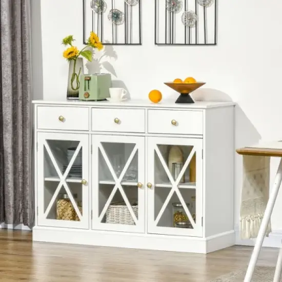HOMCOM 45" Farmhouse Style Kitchen Sideboard, Serving Buffet Cabinet, Storage Cupboard with Glass Doors and 3 Drawers, White image {2}