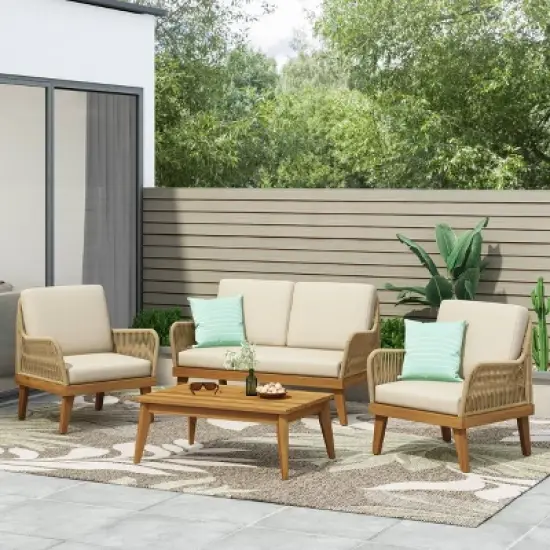 4pc Annisa Outdoor Acacia Wood Set with Cushion: Weather-Resistant, UV Protection - Christopher Knight Home image {6}