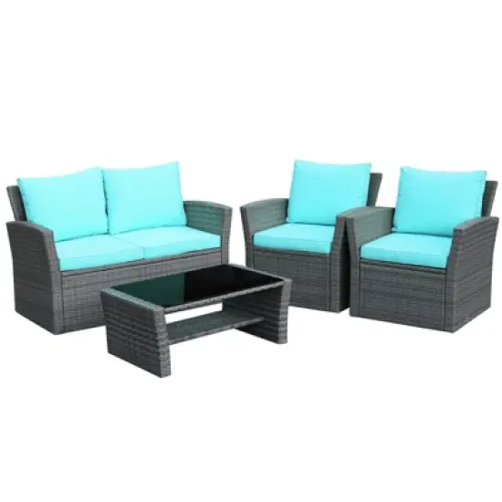Tangkula 4-Piece Rattan Wicker Patio Outdoor Furniture Sofa Set with Cushions & Tempered Glass Table image {11}