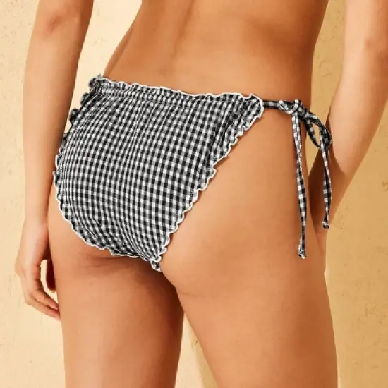 Women's Gingham Print Ruffle Edge Low-Rise Extra High Leg Extra Cheeky Side-Tie Bikini Bottom - Wild Fable&trade; Black image {1}