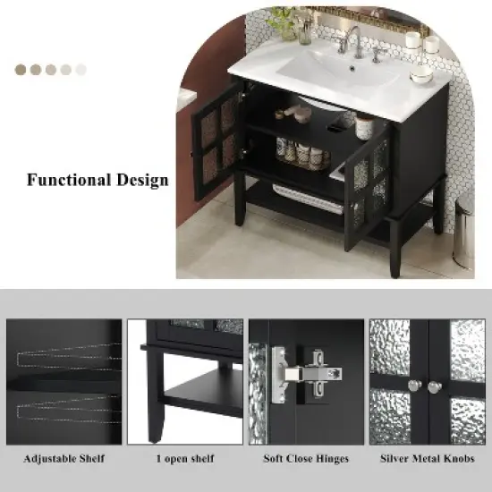 Christopher Knight Home Birgit 36" Modern Bathroom Vanity with Ceramic Sink and Adjustable Shelf image {3}