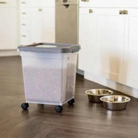 IRIS USA Airtight Dog Food Storage Container 25 lbs, Removable Wheels, for Dog Cat Bird and Other Pets, Clear/Dark Gray image {3}