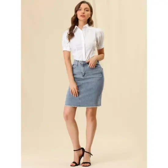 Allegra K Women's Basic Distressed High Waist Ripped Hem Washed Jeans Skirt image {2}