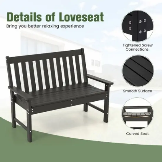 Tangkula 2-Person Outdoor Garden Park Bench All-Weather HDPE Patio Loveseat Chair with Cozy Backrest Ergonomic Loveseat Bench Black image {4}