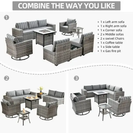 Marlton 10pc Wicker Outdoor Fire Pit Patio Furniture Set Conversation Sofa with Swivel Chairs and Cushions image {14}