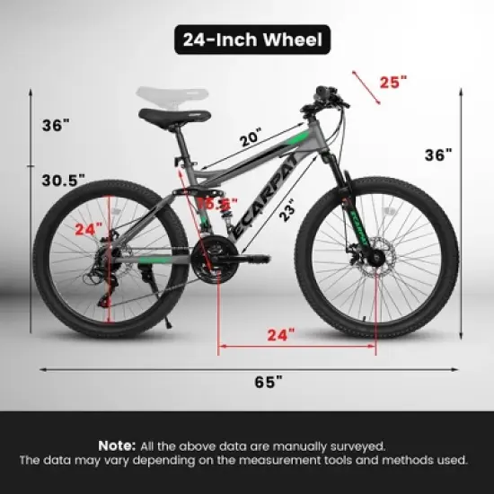 NAYSAYE 24 Inch Mountain Bike 21 Speed Full Suspension Steel Frame Adult Bike for Trail Riding, Gray, 68.9"*22.4"*46.1" image {2}