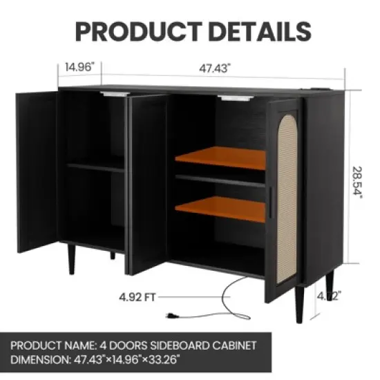 Whizmax Rattan Sideboard Buffet Cabinet, 4 Doors Accent Storage Cabinet, Console Table Coffee Bar,Adjustable Shelves for Kitchen, Hallway, Living Room image {6}