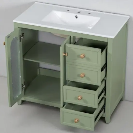 36" Bathroom Vanity with Ceramic Sink, 2 Doors, 3 Drawers, Adjustable Shelf, Gold Handles, Freestanding Vanity image {6}