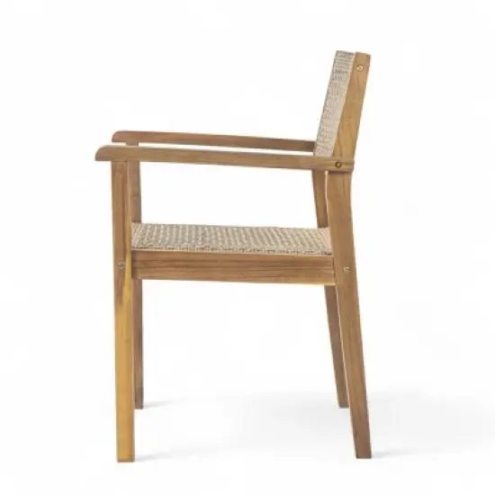 2pc Outdoor Dining Chairs, Solid Acacia Wood Frame with Wicker Backrest, Weather-Resistant Patio Seating for Garden or Deck - Coolbibila image {5}