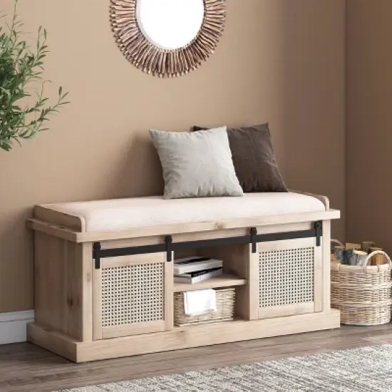 Niemi Rustic Storage Bench with Cushion Beige/ Natural/Black - Christopher Knight Home image {1}