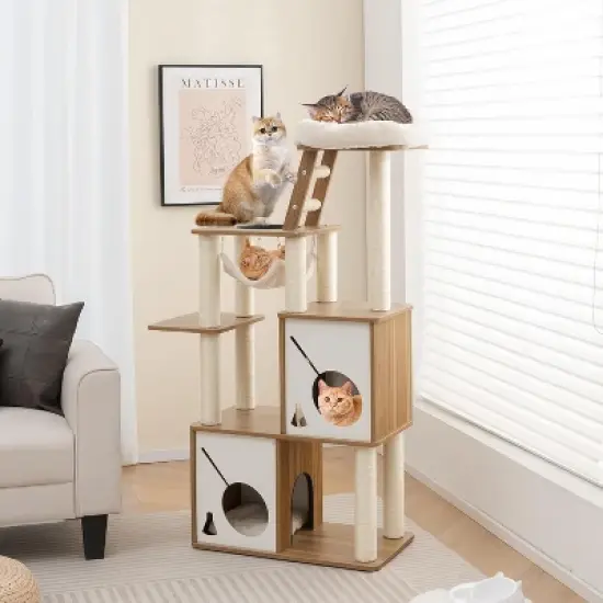 Tangkula Modern Cat Tree 57" Wood Cat Tower with Sisal Scratching Posts Padded Top Perch 2 Cat Condos Hanging Hammock & Climbing Ladder image {1}