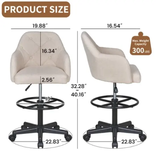 VECELO Drafting Chair with Adjustable Height PU Swivel Stool with Lumbar Support image {2}