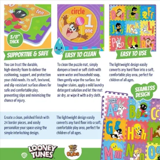 Looney Tunes ABC, Numbers & Shapes Foam Puzzle Baby Activity Floor Playmat - Tummy Time, Kids Preschool & Nursery - 36 Tiles, 12x12" - KC Cubs image {6}