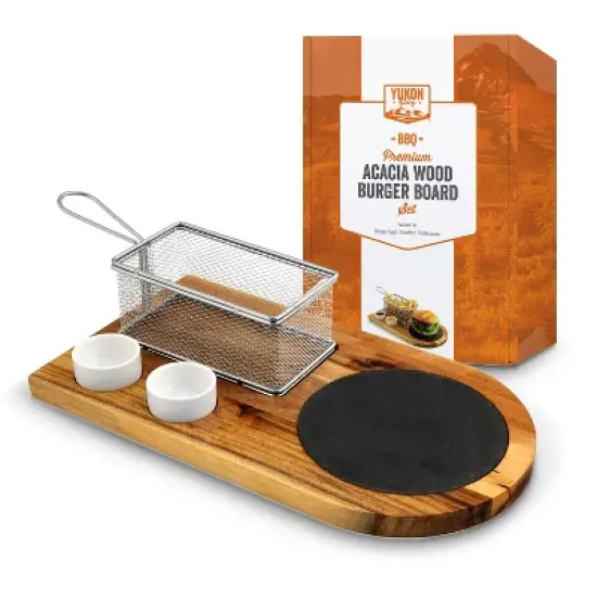 Yukon Glory Burger Board Set, Includes Premium Acacia Wood Board With Slate, Stainless Steel Fry Basket, Porcelain Condiment Cups image {6}