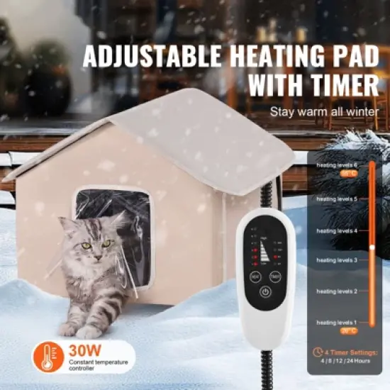 VEVOR Elevated Heated Cat House, Outdoor Kitty Shelter with Adjustable Temperature and Timer, 600D Oxford Cloth Foldable Cat Shelter, Brown (Middle) image {2}