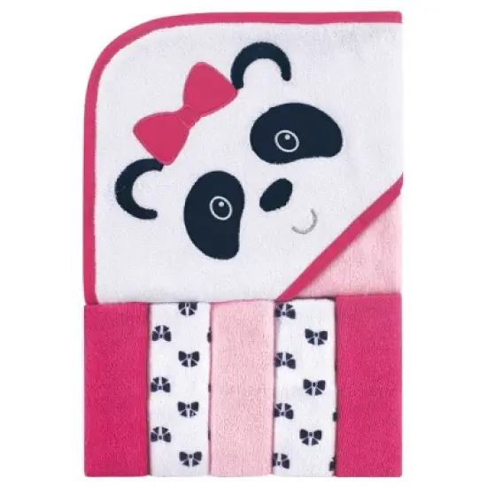 Luvable Friends Baby Girl Hooded Towel with Five Washcloths, Panda, One Size image {1}