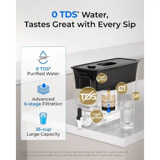 Waterdrop 35-Cup 0 TDS Slim Water Filter Dispenser, Large Capacity, Reduces TDS, Chlorine, PFOA/PFOS and More, BPA Free, Black (with 1 Filter) image {1}