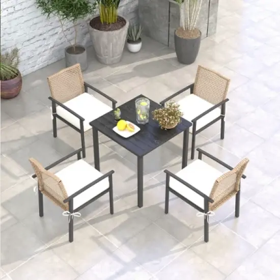 Outsunny 5 Piece Indoor Outdoor Wicker Dining Set, Patio Furniture Metal Table and Chairs with Soft Cushions, Beige image {4}