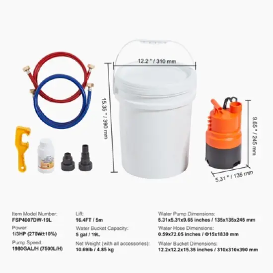 VEVOR Tankless Water Heater Flushing Kit, Includes Efficient Pump & 5 Gallon Pail & 2 Hoses & Descaling Powder, Orange image {7}