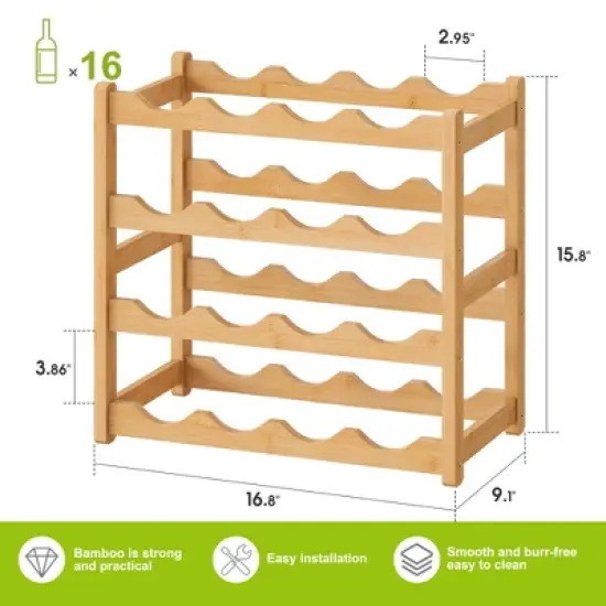 Itopfox Bamboo Wine Rack Storage Cabinet Shelf for 16 Bottles, Countertop Sturdy Kitchen Dining Room Pantry - 4 Tiers (Natural) image {6}