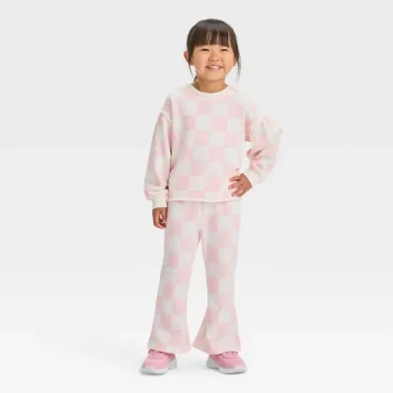 Grayson Mini Toddler Girls' Checkered French Terry Flare Pants - Pink image {2}