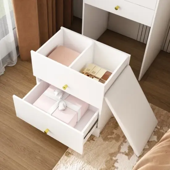 TOBILI 3-in-1 Dressing Table with LED Mirror & Storage Stool - Compact Makeup Vanity with 4 Drawers,White Density Board Design Organization image {4}