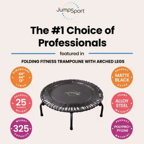 JumpSport PRO Indoor Heavy Duty Lightweight 44 Inch Folding Fitness Trampoline with Arched Legs and 7 Adjustable Tension Settings image {1}