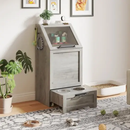 Top Opening Dog Feeding Station, Wooden Dog Food Storage Cabinet with 2 Elevated Dog Bowls, 3 Hooks, Hidden Design, Large Pet Food Storage image {9}