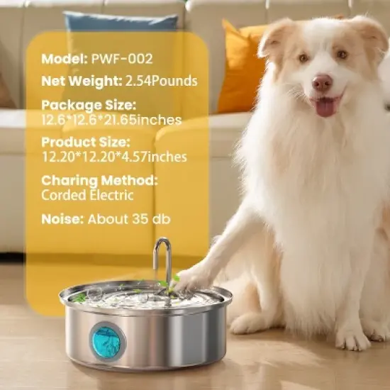 Oneisall PWF-002-B 7L Stainless Steel Pet Automatic Water Fountain - Quiet, Triple Filtration & Water Level (w/3 Filters) image {7}