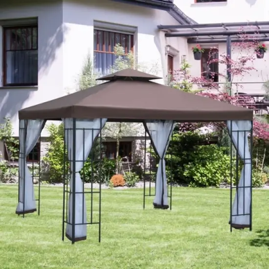 Outsunny 10'x10' Outdoor Gazebo, Double Tiered Canopy Tent with Mosquito Netting, and Steel Frame for Patio, Backyards and Parties, Coffee image {1}