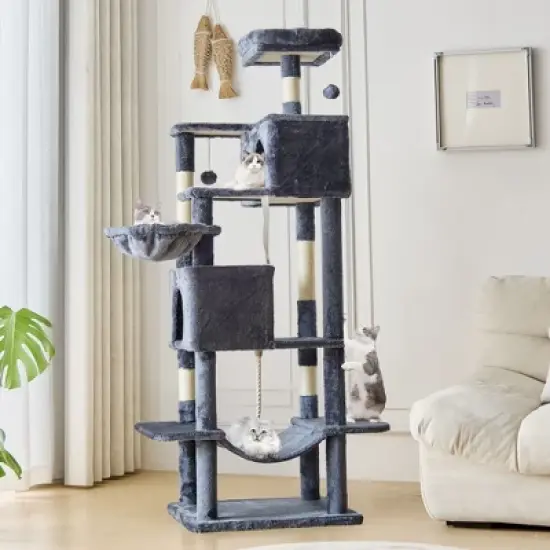 JIONJOY 66" Multi-Level Cat Tree - 2 Large Condos, Sisal Scratching Posts & Hammock, Stable Indoor Cat Tower-Dark Grey image {1}