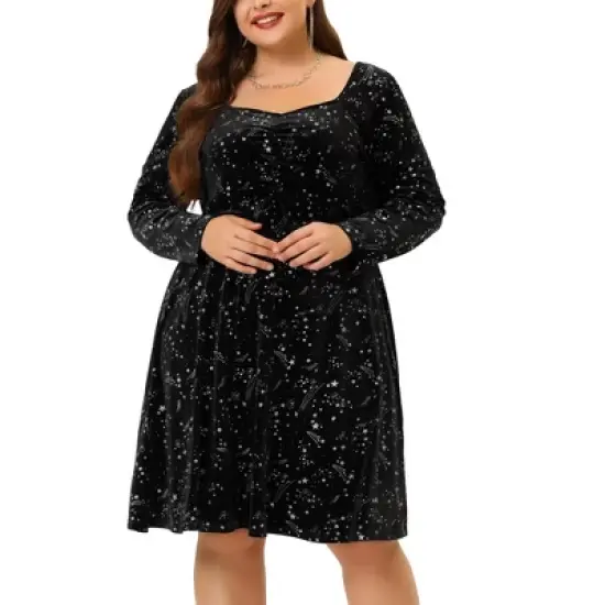 Agnes Orinda Women's Plus Size Outfits Fashion Sparkle Stars Stretch Velvet Long Sleeve Dresses image {1}